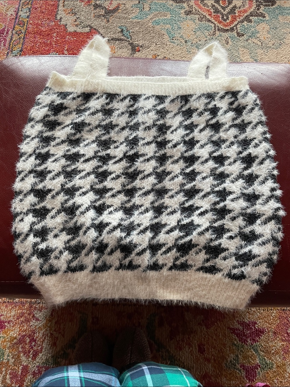 Fuzzy Houndstooth Knit Tank Top in Cream and Black, Soft and Fuzzy, Size M